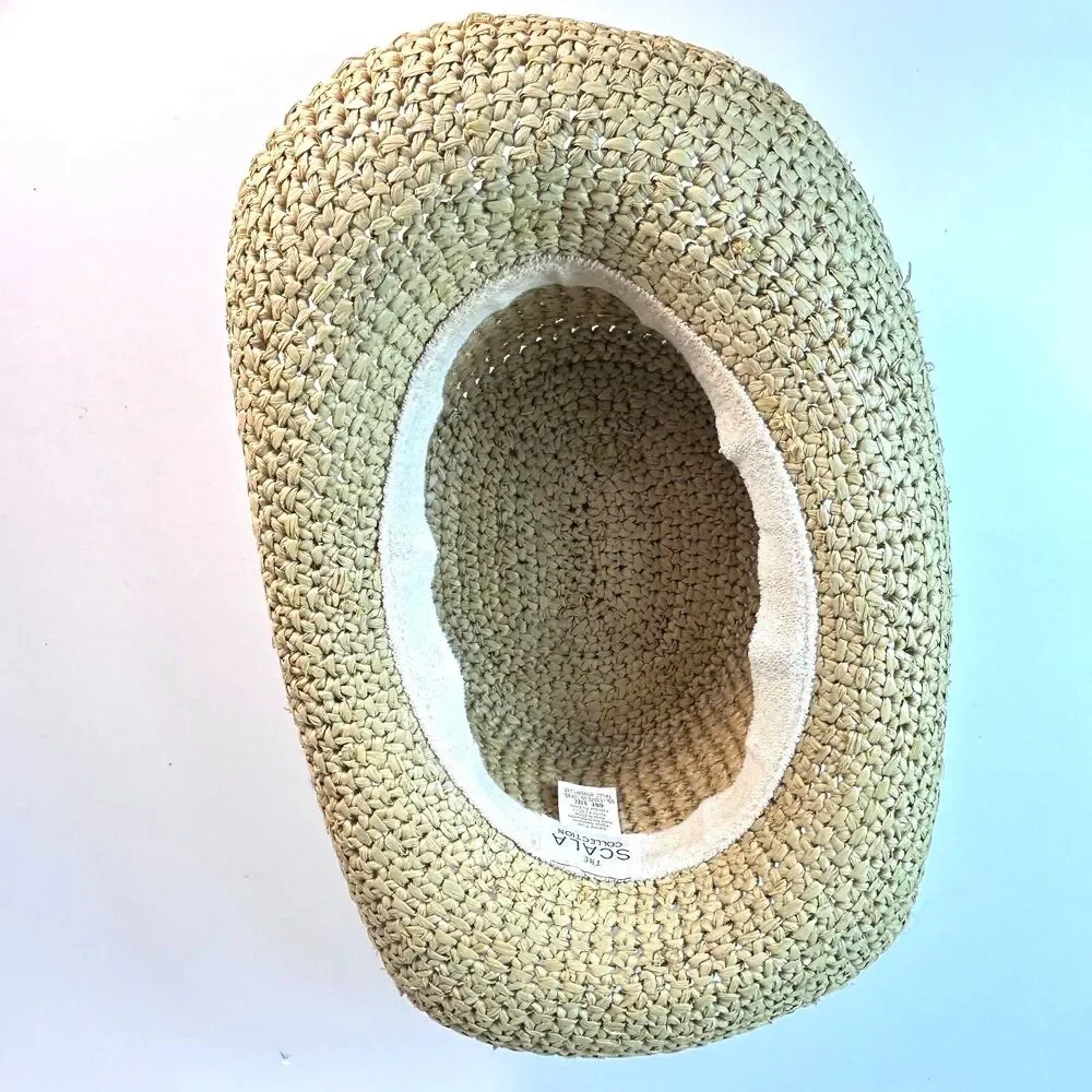 Scala Collection NWOT Women's Tan Crocheted Raffia Packable Straw Sunhat O/S